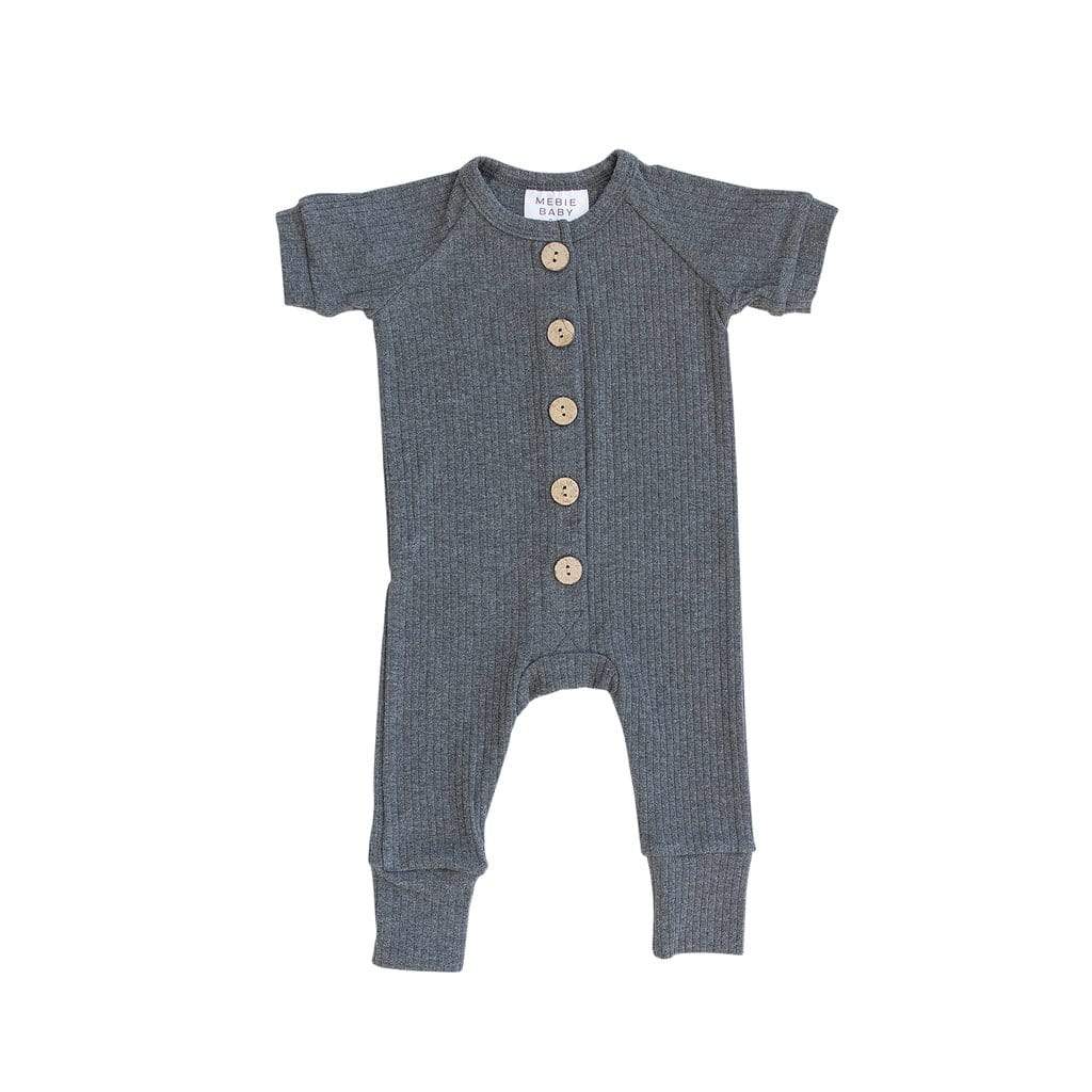 Charcoal Ribbed Short Sleeve Cotton Button Romper - HoneyBug 