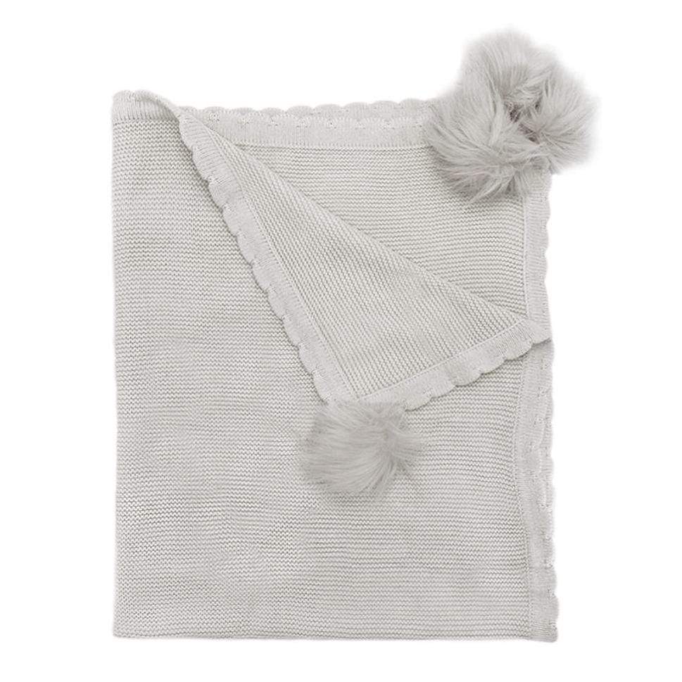 Gray Pom Pom Cotton Knit Baby Blanket - HoneyBug 