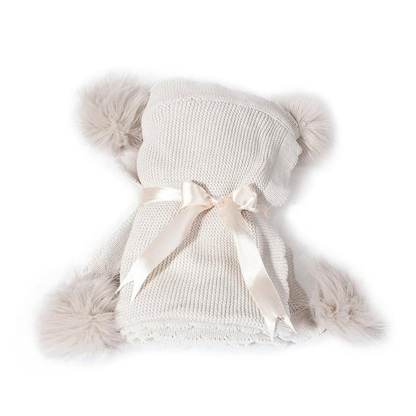 Gray Pom Pom Cotton Knit Baby Blanket - HoneyBug 