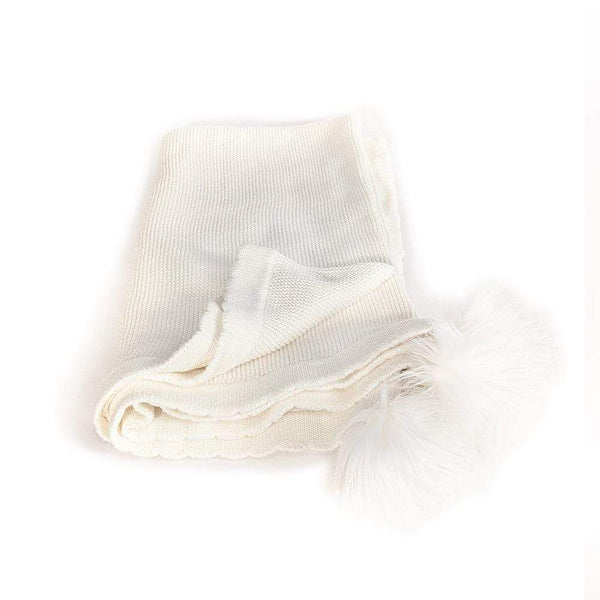 White Pom Pom Cotton Knit Baby Blanket - HoneyBug 