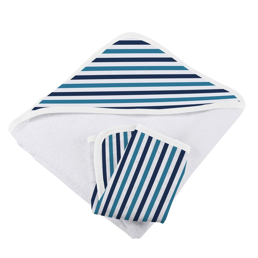 Blue and White Stripe Hooded Towel and Washcloth Set - HoneyBug 
