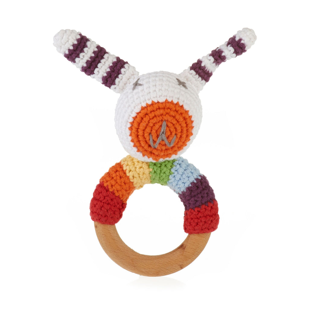 Rainbow Bunny Wooden Teething Ring Rattle - HoneyBug 