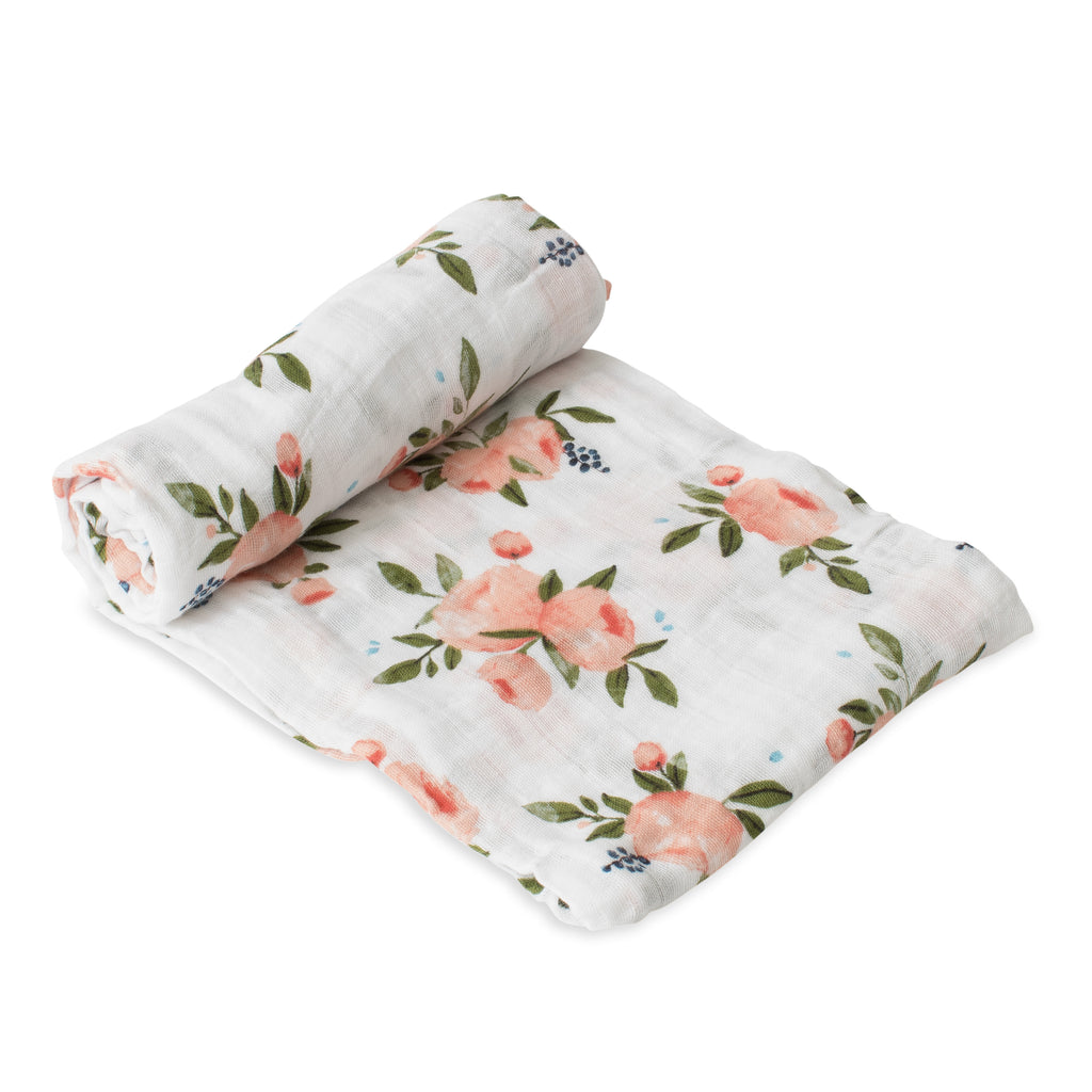 Cotton Muslin Swaddle Blanket - Watercolor Roses - HoneyBug 