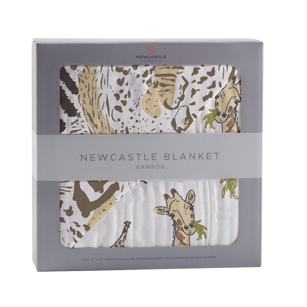 Hungry Giraffe and Animal Print Bamboo Muslin Newcastle Blanket - HoneyBug 