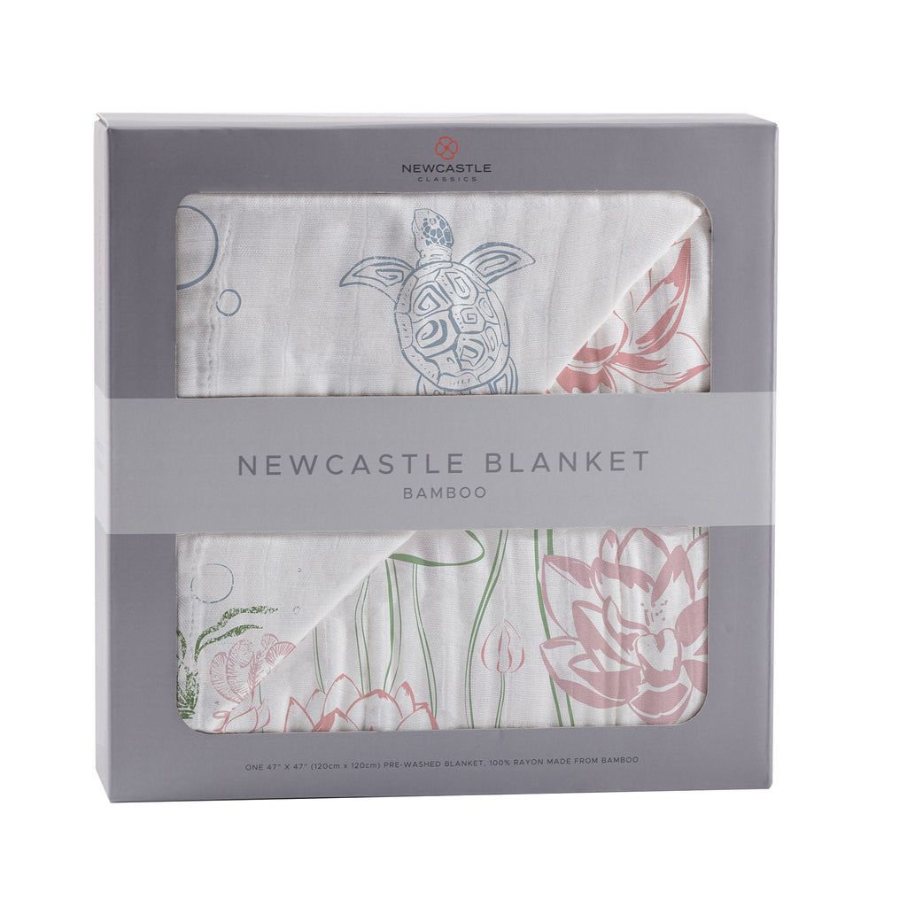 Turtles and Water Lily Bamboo Muslin Newcastle Blanket - HoneyBug 