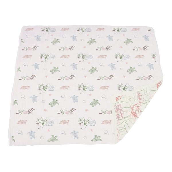 Turtles and Water Lily Bamboo Muslin Newcastle Blanket - HoneyBug 