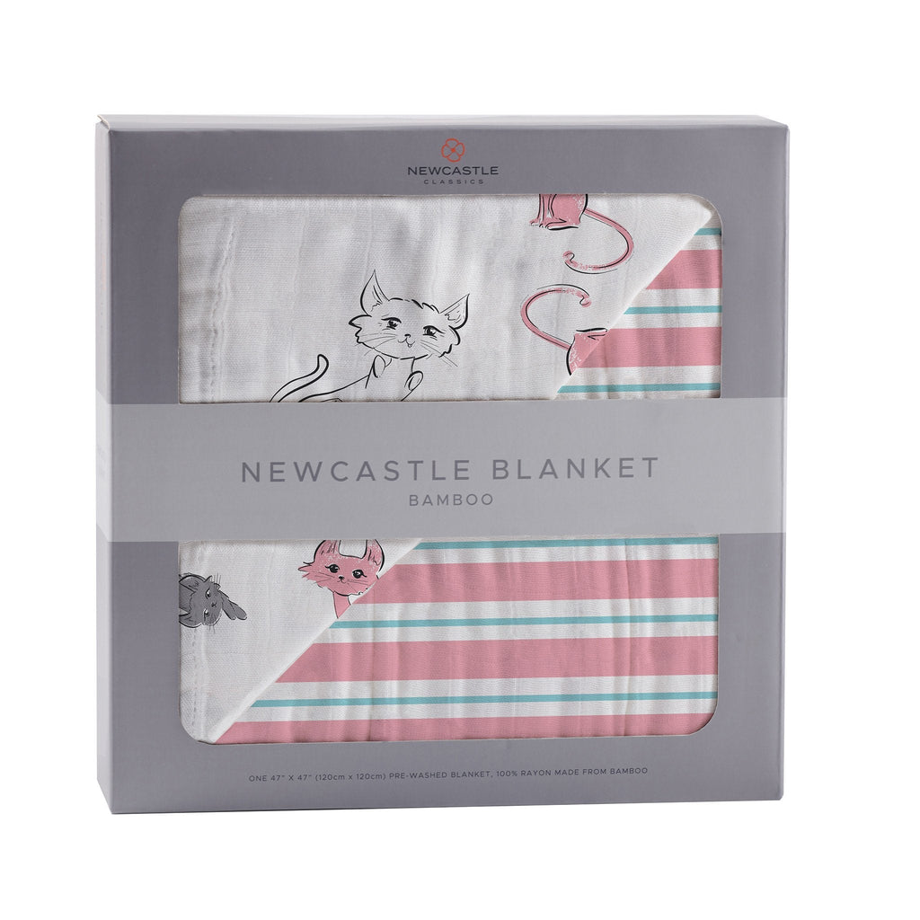 Playful Kitty and Candy Stripe Bamboo Muslin Newcastle Blanket - HoneyBug 