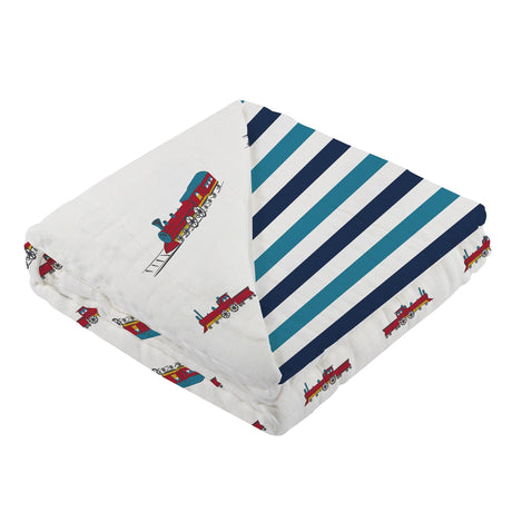 Vintage Steam Trains and Blue Stripe Bamboo Muslin Newcastle Blanket - HoneyBug 