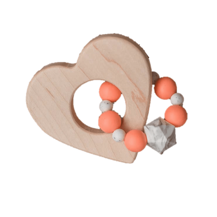 Wood and Silicone Bead Heart Teether - Coral - HoneyBug 