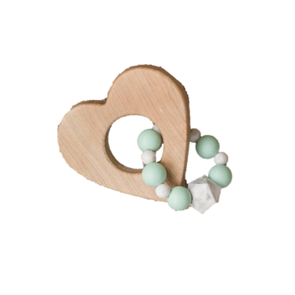 Wood and Silicone Bead Heart Teether - Mint Green - HoneyBug 